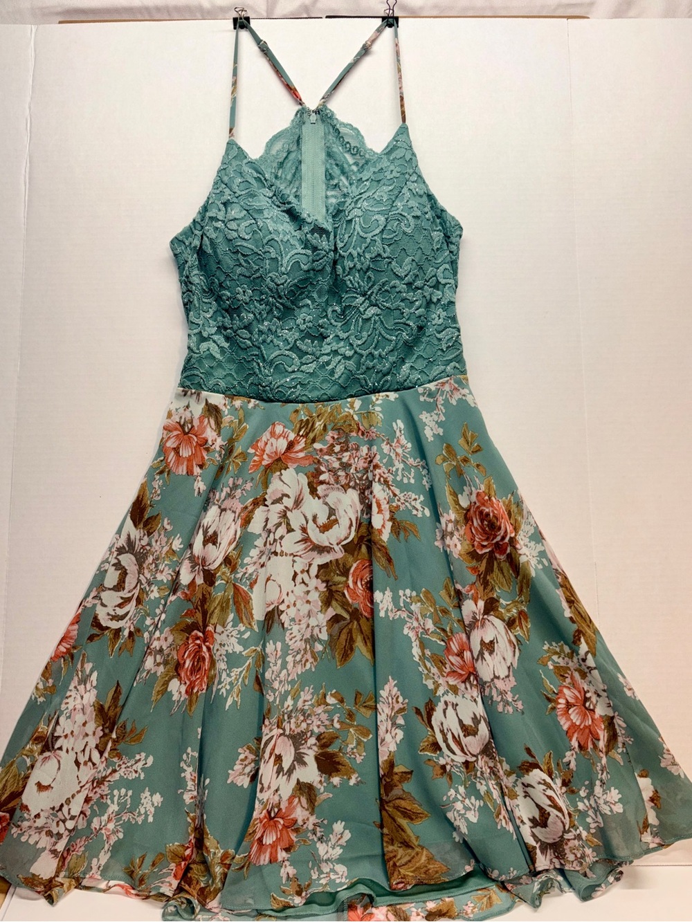 City Triangles Teal Lace Bodice Floral A-Line Mini Dress